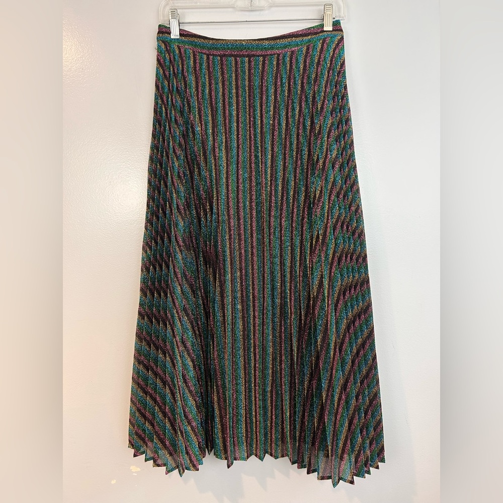 Boden Multicolor Rainbow Striped Pleated Glitter Metallic Midi Skirt Size 6 - Picture 2 of 10